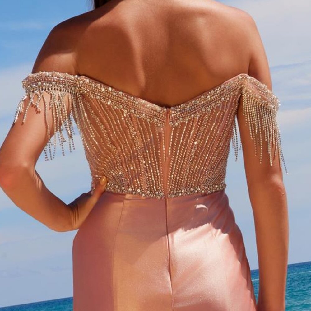 NEW FORMAL OFF SHOULDER LONG SHEATH SATIN DRESS W/ RHINESTONES FRINGE NX F1568 - Picture 11 of 12